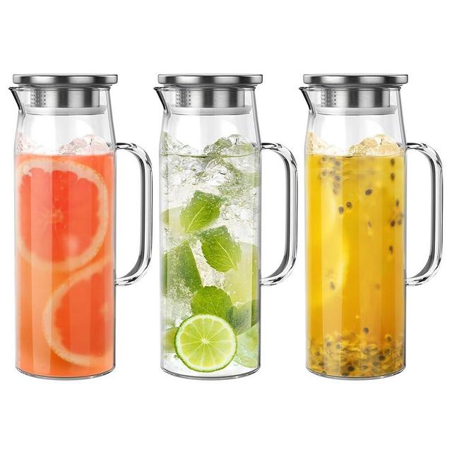 3 Sets Glass Pitcher with Lid, 50 oz / 1500 ml Water Carafe with Handles Hot Cold Beverage Water Jar Glass Jug (Stainless steel lid)