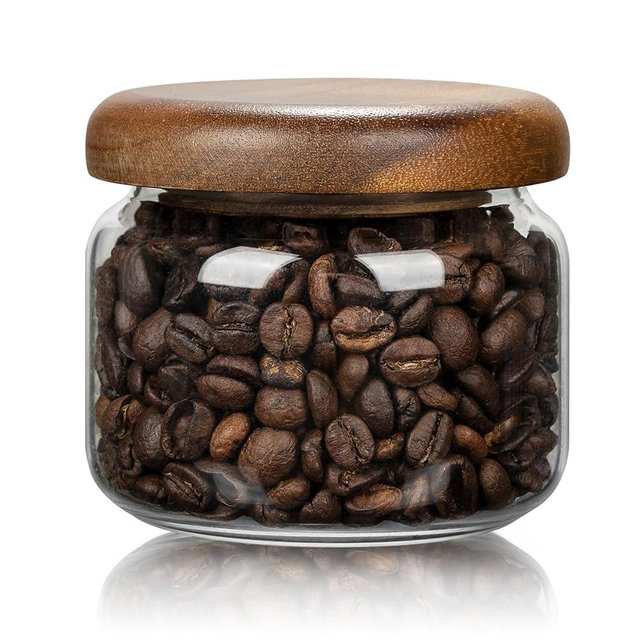 piconesper 1 PC Small Glass Storage Jars with Airtight Lids, 10 fl oz (300ml) coffee container with Wooden Lid, Glass Pantry Canister for Beans, Rice, Sugar and etc