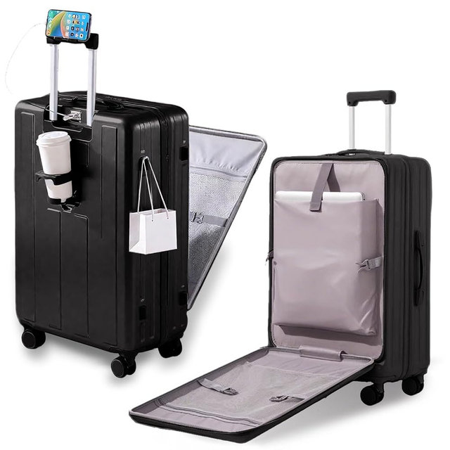 Gets Carry on Luggage Airline Approved,20 Inch Abs+Pc Hardshell Spinner Luggage With Cup Phone Holder and USB Charger,Front Pocket Durable Suitcase for Women Men-Black