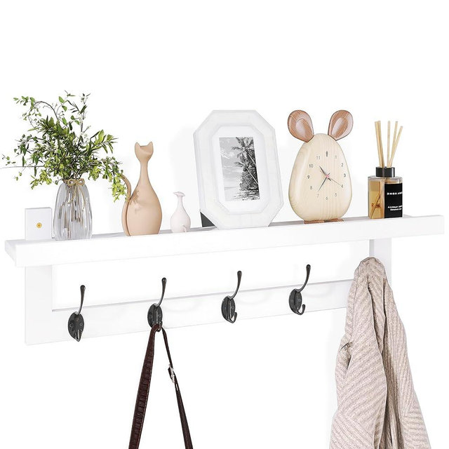 SMIBUY Coat Hooks with Shelf Wall-Mounted, 29.2 Inch Entryway Coat Rack for Wall, Bamboo Hanging Shelf with 5 Double Metal Hooks for Bathroom, Bedroom, Kitchen, Living Room (White + Black)