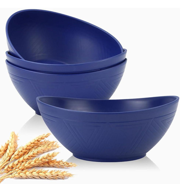 Homienly Wheat Straw Bowls, 9.6 inch Salad Bowls, Large Serving Dishes for Wedding Parties, Camping, 60 OZ Bowl Set for Salad, Popcorn, Oval Shape, Microwave & Dishwasher Safe, Set of 4, Dark Blue