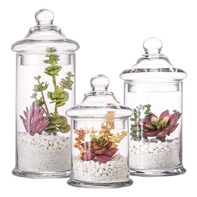 Diamond Star Set of 3 Glass Apothecary Jars with Lids Clear Bathroom Storage Organizer Canister Set for Qtips, Cotton Swabs, Cotton Balls, Bath Salts (H: 11", 8.5", 7.5", D: 5")