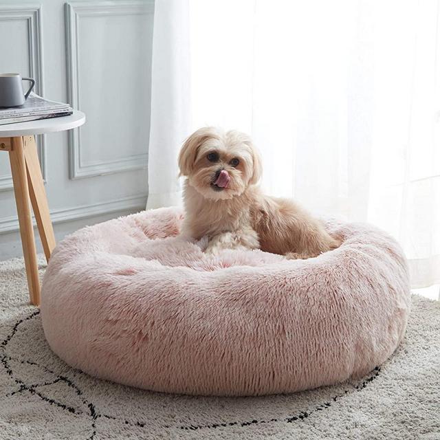 Calming Dog Bed & Cat Bed, Anti-Anxiety Donut Dog Cuddler Bed, Warming Cozy Soft Dog Round Bed, Fluffy Faux Fur Plush Pet Dog Cat Cushion Bed for Small Medium Dogs and Cats (20"/24"/27")