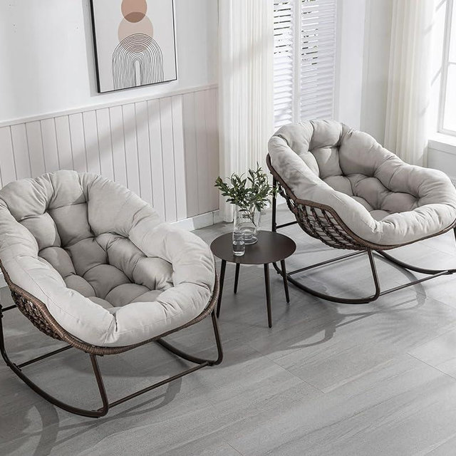 Outdoor Rocking Chair Set of 2, Patio Oversized Wicker Egg Rocking Chair, Indoor & Outdoor Comfy Rocker Chair with Thick Cushion, Modern Lounge Chair for Balcony, Porch, Garden, Backyard, Deck, Beige