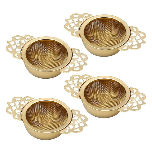 Aynaxcol 304 Stainless Steel Tea Drain Strainer Tea Filter Mesh Tea Drip Bowls Teapot Strainer With Petal Handles Tea Divider, Pack Of 4