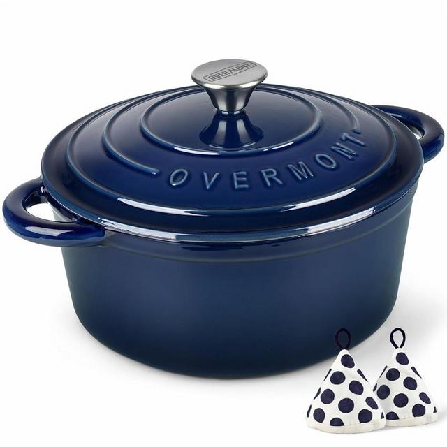 Overmont Enameled Cast Iron Dutch Oven - 5.5QT Pot with Lid Cookbook & Cotton Potholders - Heavy-Duty Cookware for Braising, Stews, Roasting, Bread Baking Indigo Blue