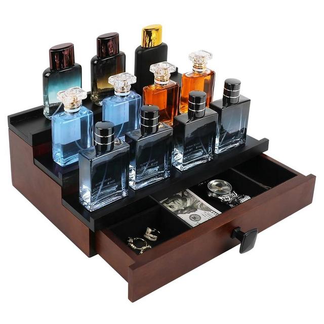 TIRYIUOU 3 Tier Wooden Cologne Stand - Perfume & Cologne Organizer with Shelf, Drawer & Hidden Space