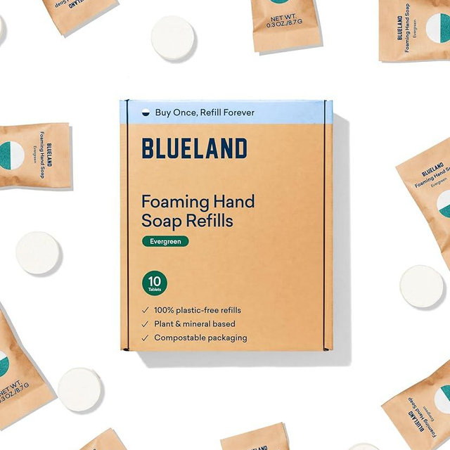 BLUELAND Foaming Hand Soap Refill Tablets, 10-Pack, Evergreen Scent, Eco Friendly Cleaning Products, 10 x 9 Fl oz