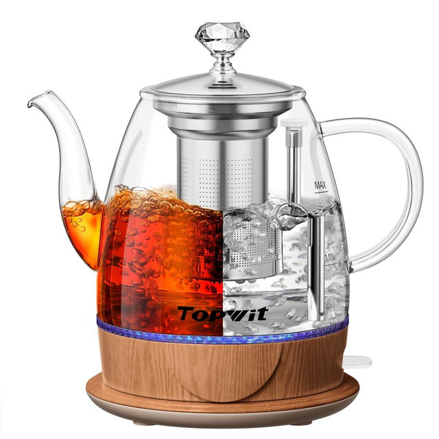 Topwit Electric Kettle Glass, For Hot Water, Tea and Coffee Dual Purpose Design, BPA-Free, 1L Pour Over Removable Stainless Steel Infuser, Auto-shut Off & Boil-dry Protect