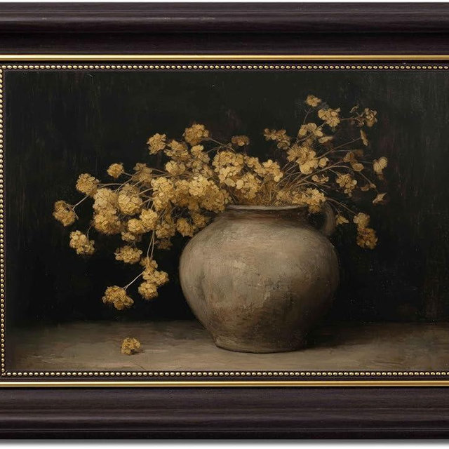 Gold Hydrangea Dark Brown Framed Canvas Wall Art Moody Hydrangea Painting Decor Pictures Dark Farmhouse Vintage Flower Bedroom Living Posters Prints for Corridor Classroom Kitchen Room Decoration