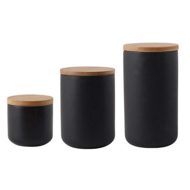 Ceramic Jar with Lid, Kitchen Canisters Set with Airtight Seal Bamboo Lid, Black White Food Storage Canister for Tea, Coffee Bean, Sugar, Flour (Black：three piece)