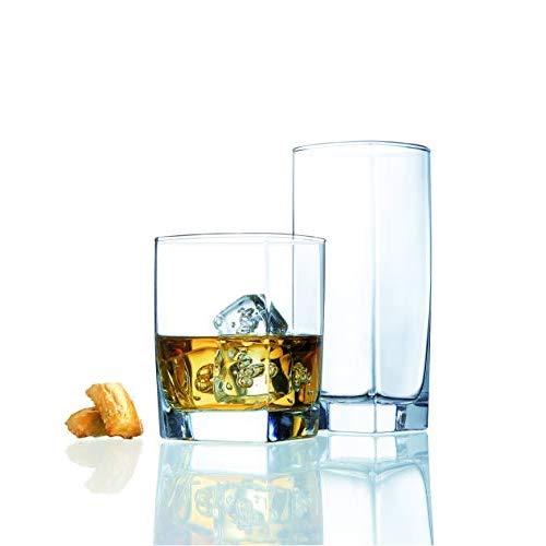 Durable Drinking Glasses Set of 16 | Glassware Set Includes 8 Highball Glasses (16 oz) 8 Rocks Glasses (13 oz) Heavy Base Glass Cups for Water, Juice, Beer, Wine, and Cocktails