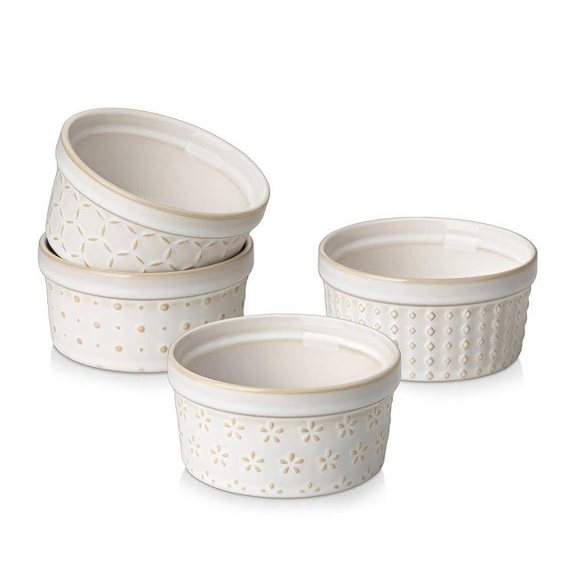 MALACASA Ramekins 6 Oz Oven Safe, Ceramic Creme Brulee Souffle Dishes, Pudding Custard Cups Ramekin For Baking, Small Dipping Sauce Bowls, Set of 4, Microwave and Dishwasher Safe, Arctic White