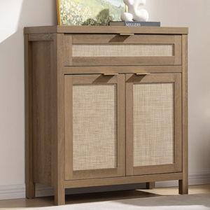 SICOTAS Buffet Cabinet Sideboard with Storage, Rattan Accent Cabinet with Doors Drawer, Boho Credenzas Farmhouse Buffet Table Console Coffee Bar Cabinets for Entryway Living Room, Natural Oak