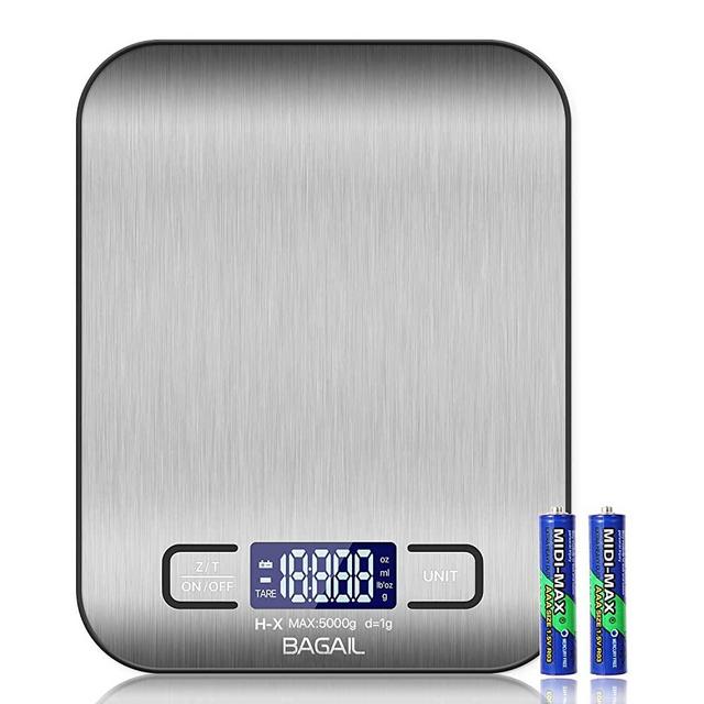 BAGAIL Basics Digital Kitchen Scale, Premium Stainless Steel Food Scales Weight Grams and Oz for Baking and Cooking,11lb/5kg with 0.1oz/1g Precision
