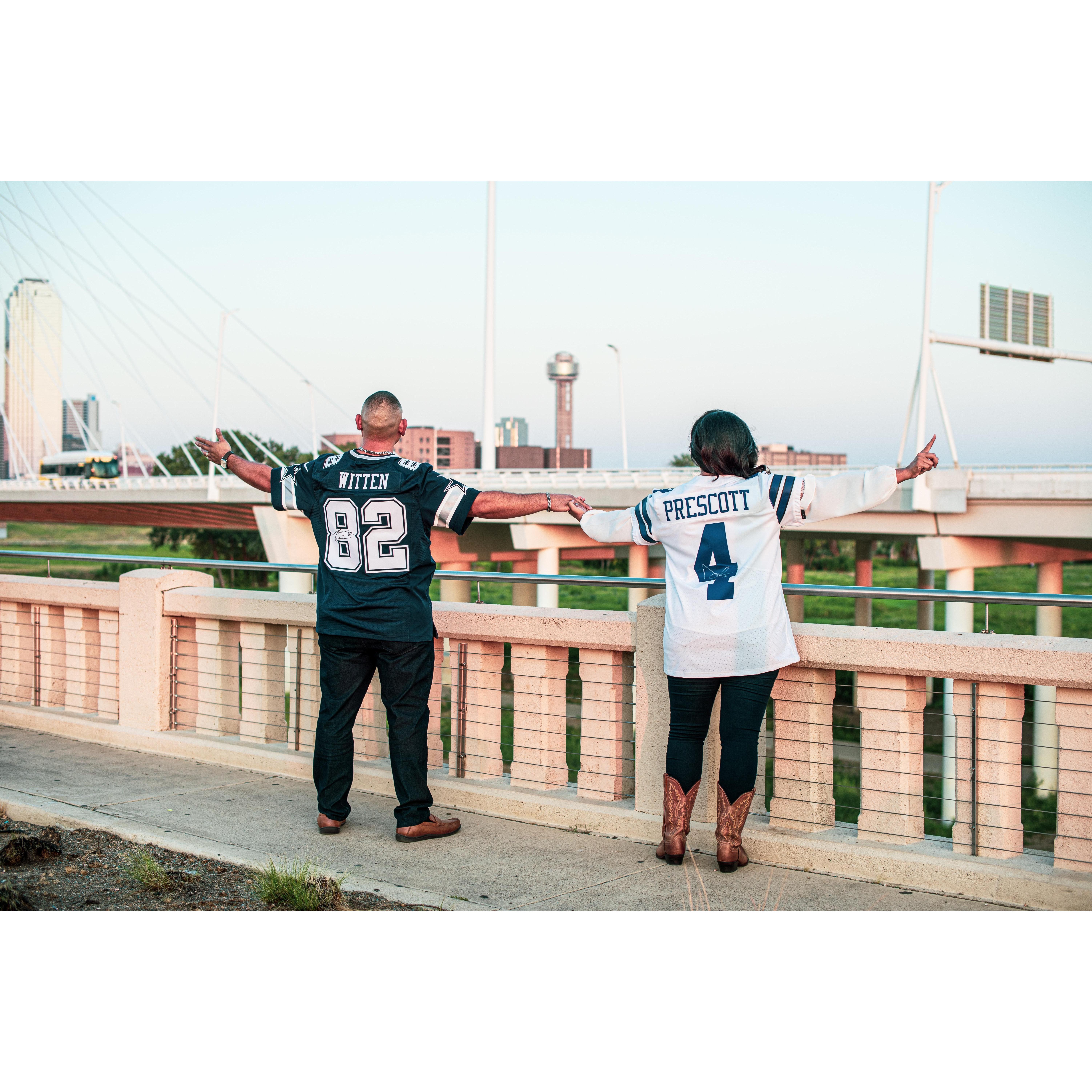 Our Engagement Photos - Continental Bridge overlooking Margaret Hunt Hill Bridge and Downtown Dallas ~GO COWBOYS!!! #1