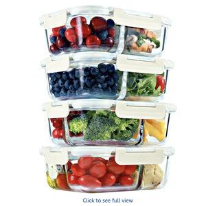 FIT Strong & Healthy Glass Meal Prep Containers, 2 & 3 Compartments - Portion Control, Lunch Container Set, Food Storage, Airtight Lids, Oven & Freezer Safe, Leak-Proof Bento Box, 32 oz, Beige, 4 Pack