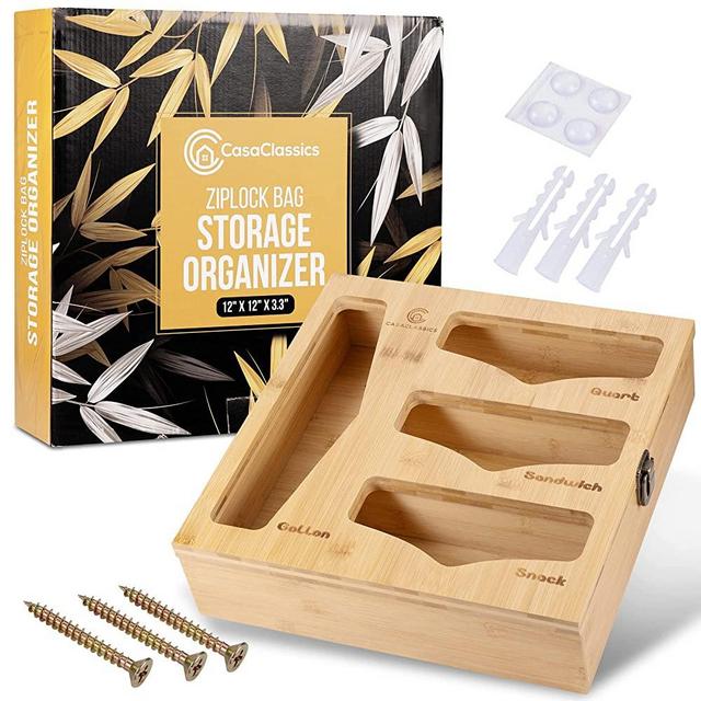 CasaClassics Ziplock Bag Storage Organizer – Eco-Friendly Bamboo Organizer for kitchen drawer – Easy to load Ziplock bags – Wall mountable - Compatible with Ziploc, Solimo, Glad, Hefty for Gallon, Quart, Sandwich, and Snack Variety Size Bag