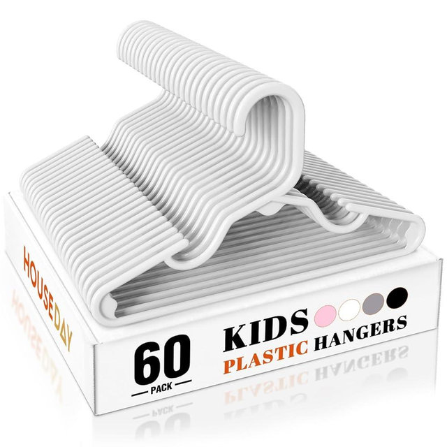HOUSE DAY Premium Baby Hangers 60 Pack, 11 Inch Kids Plastic Hanger White, Slim Childrens Hangers for Infant, Toddler, Child Clothes, Non-Slip & Durable Baby Clothes Hanger for Closet