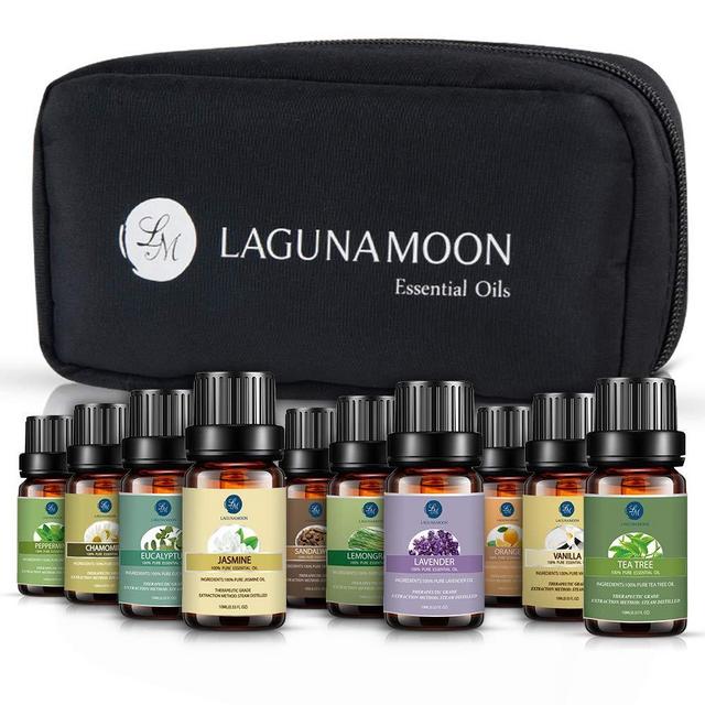 Lagunamoon Essential Oils with Travel Bag,Pure Aromatherapy Oils Tea Tree Lavender Peppermint Eucalyptus Sandalwood Lemongrass Orange Chamomile Jasmine Vetiver,Therapeutic Grade