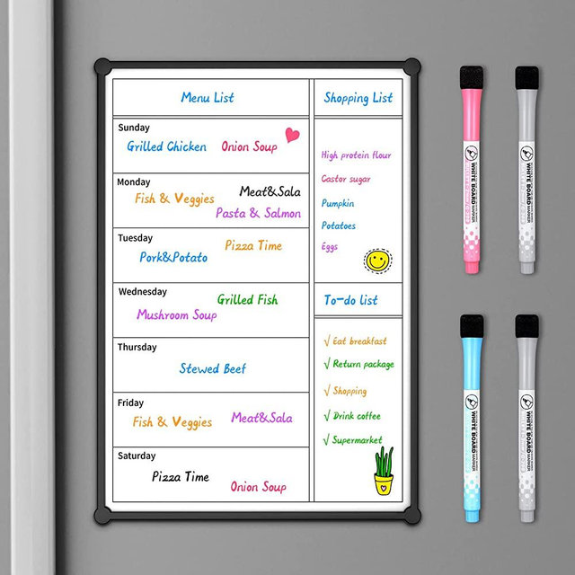 Magnetic Weekly Calendar for Fridge,12×8” Magnetic Fridge Calendar Refrigerator Calendar, Weekly Meal Planner Magnetic, Menu List, Double-Sided, Grocery List, Menu Planner for Fridge/Locker, 4 Markers