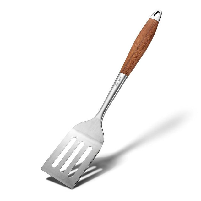 KULUNER Professional Grade Stainless Steel Cooking Spatula - 17 Inches, Sturdy and Durable, Premium Solid Wood Handle, with Bottle Opener, Suitable for Barbecue, Outdoor Kitchens, and Grilling Food