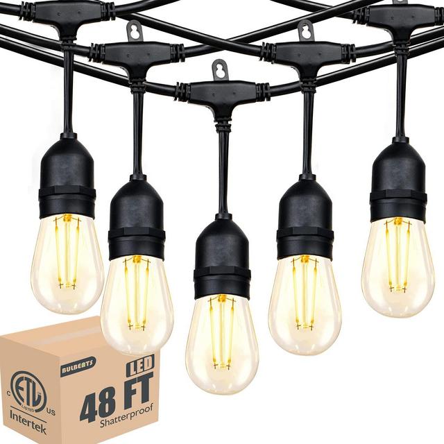 2022 Update 48ft LED Outdoor String Lights with Shatterproof Edison Bulbs, Commercial Grade Dimmable Patio Cafe Light with Heavy-Duty Weatherproof Strand for Backyard Bistro Market Lights -ETL