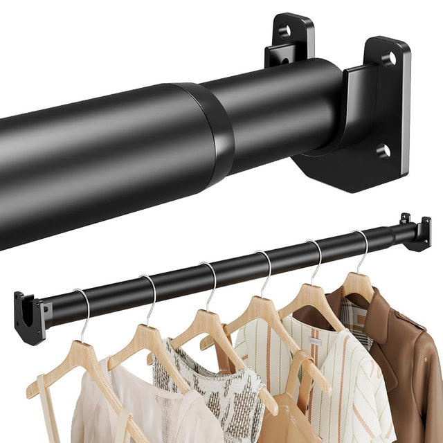 BrFoYu Closet Rods for Hanging Clothes, 17-84 Inch Stepless Adjustable Closet Rod, 1.3 Inch Heavy Duty Metal Clothes Hanging Rod, Expandable Closet Bar Hanger Rod Black for Closet Wardrobes Laundry RV