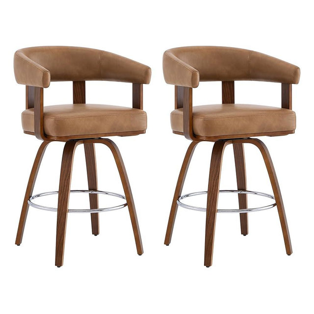 CHITA Swivel Counter Height Barstools Set of 2, FSC Certified Faux Leather Upholstered Bar Stools with Back and Armrest for Kitchen Island Home Bar, 27" Seat Height, Camel with Walnut Frame