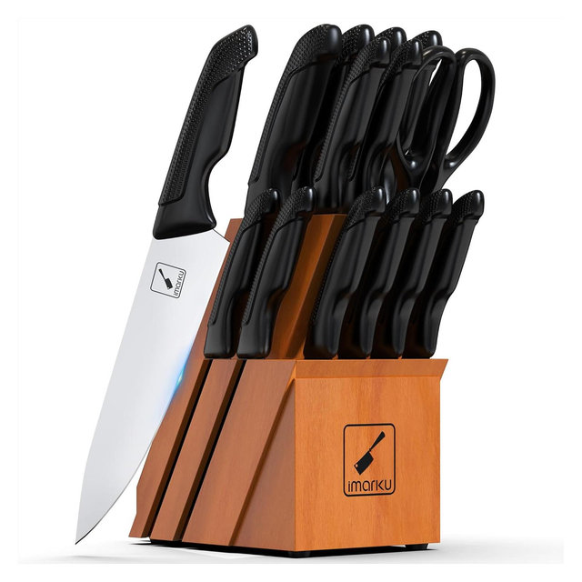 imarku 14PCS Japanese High Carbon Stainless Steel Knife Set features a built-in sharpener, non-slip handles, and dishwasher-safe design