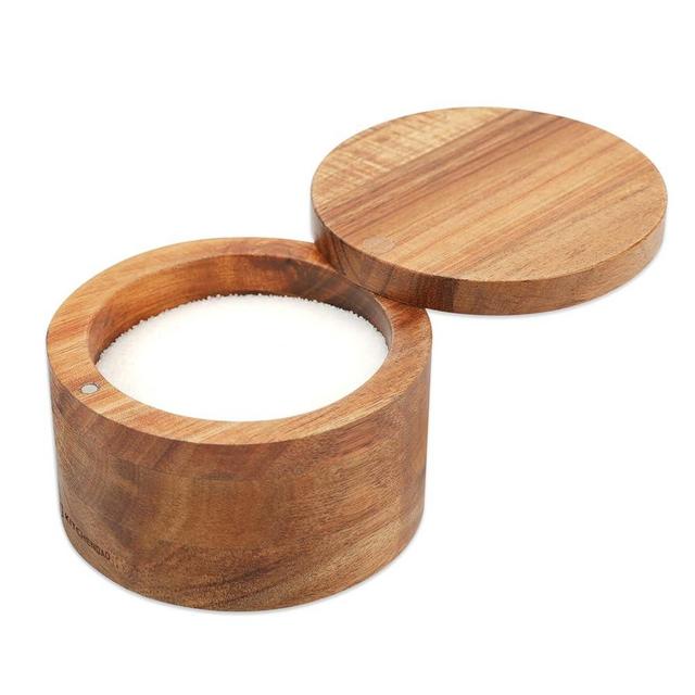 KITCHENDAO Acacia Wood Salt Cellar Bowl Box, Elegant Kitchen Holder Container with Swivel Magnetic Lid to Store Favorite Seasonings Pepper Spice or Bath, 6oz