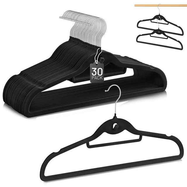 Velvet Hangers 30 Pack, STOPKLAS Black Clothes Hanger Non Slip Felt Hangers with 360° Swivel Hook, Thin Hanger Space Saving, Heavy Duty Closet Hanger for Clothes, Coats, Suits, Dress, Pants