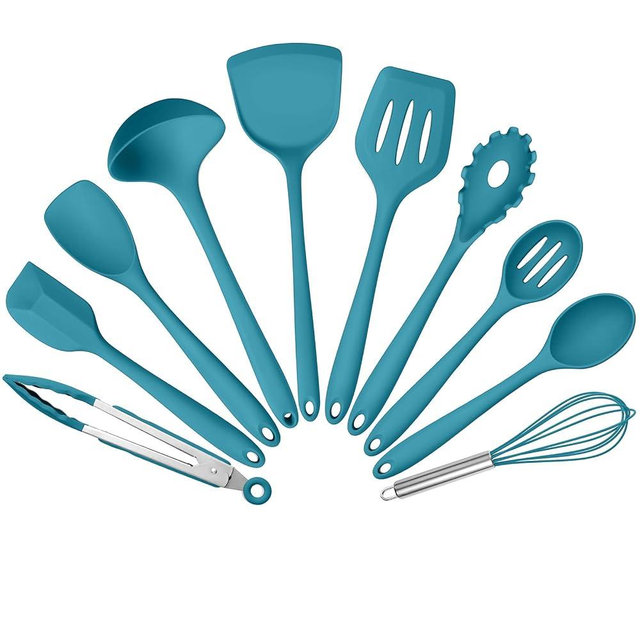 Silicone Cooking Utensils Set of 10, Kitchen Utensils Set for Cooking, 446°F Heat Resistant Silicone Kitchen Tools with Turner Spatula, Soup Ladle, Serving Spoons, Tongs for Nonstick Cookware - Blue