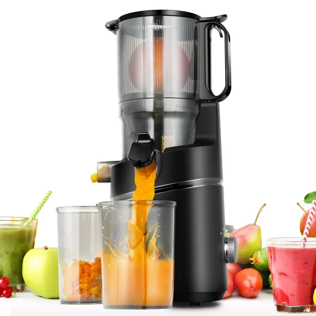 Masticating Juicer,5.3 in Cold Press Juicer with 250W Motor,Triple Filtration,Safety Lid Lock,1.8L Ccity,Fit for Whole Fruits & Vegetables,Black