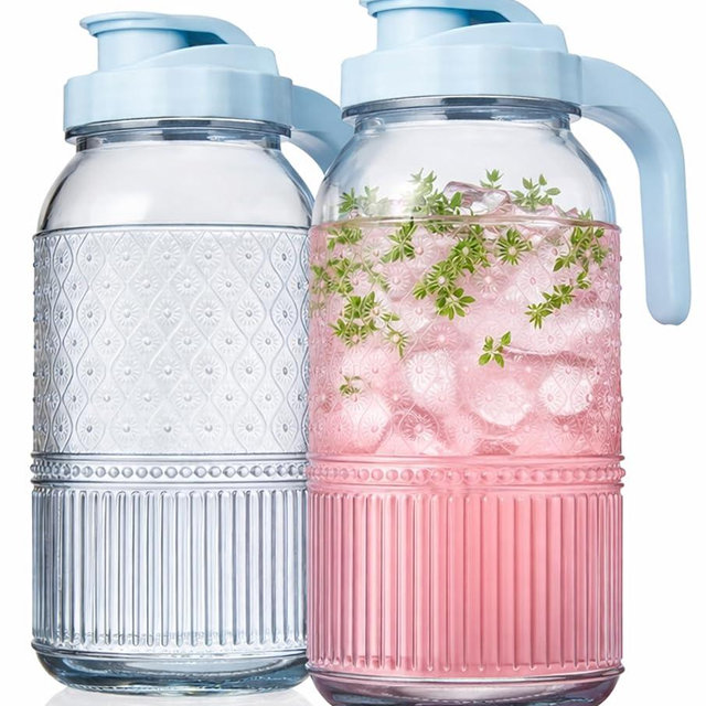 Glass Pitchers Set of 2 – Mason Jar Style Pitcher with Handle & Lid, 64 oz Water Jug for Juice, Iced Tea, Cold Brew, Water, Vintage Claro Collection Kitchen Décor - Blue