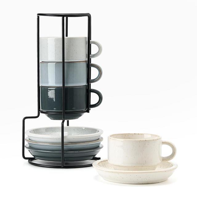 JIEMEI HOME Porcelain Demitasse Cappuccino Cups Set of 4 with Saucers and Metal Stand, 7 Ounce Stackable Espresso Cups for Latte, Cappuccino, Specialty Coffee Drinks, Americano, 4 Multi-color