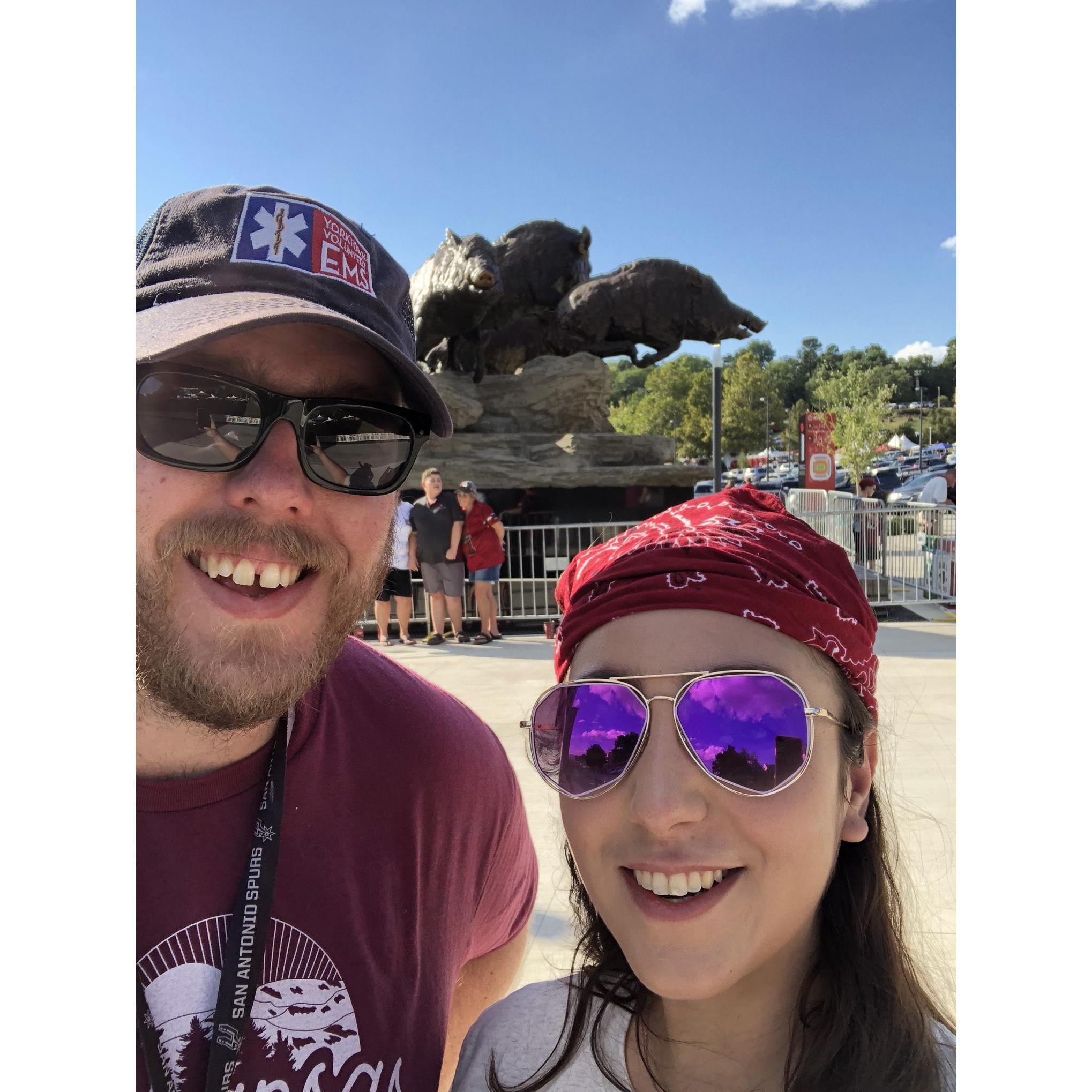 Going to an Arkansas Razorbacks football game when visiting Kimya's sister, Katrina, at college. Woo pig!