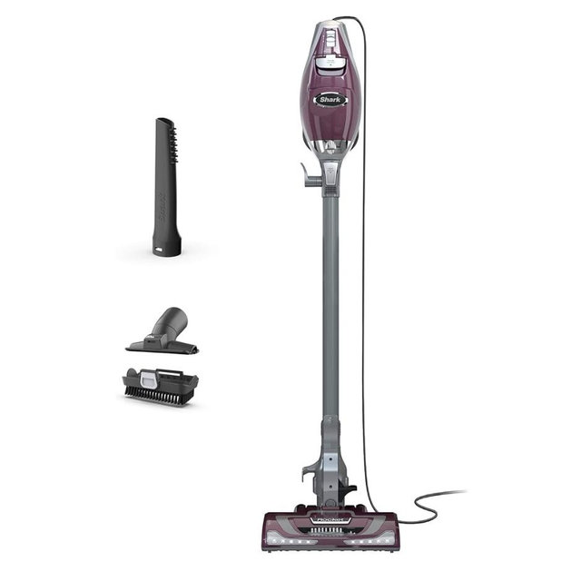 Shark HV322 Rocket Pet Plus Corded Stick Vacuum with LED Headlights, XL Dust Cup, Lightweight, Perfect for Pet Hair Pickup, Converts to a Hand Vacuum, with (2) Pet Attachments, Bordeaux/Silver