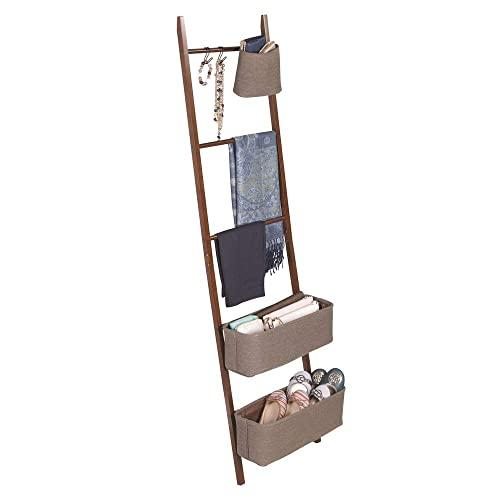 mDesign 5-Tier Bamboo Storage Ladder with Hooks and Bins for Accessories - Brown/Walnut