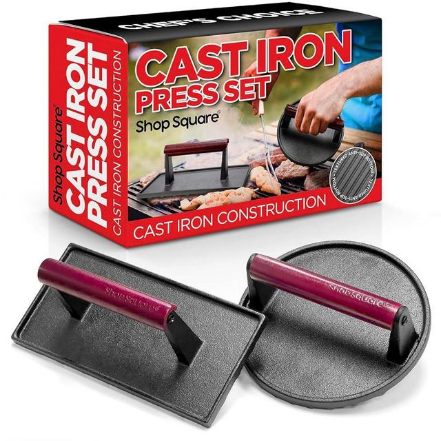 Cast Iron Bacon Press 7" Round & Rectangle 8"x4" Cast Iron Grill Press - Meat Press for Bacon, Steak, Burgers and Sandwiches - Non-Stick Griddle Press with Cool-Touch Wood Handle