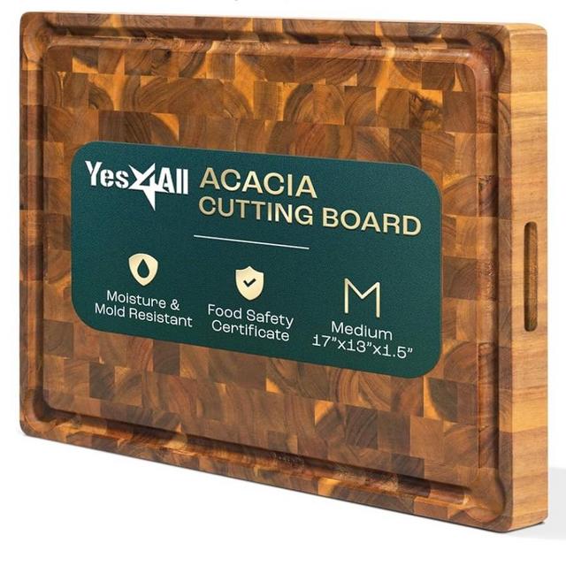 Yes4All Durable Acacia Cutting Boards for Kitchen, [17''Lx13''Wx1.5” Thick] Medium End Grain Cutting Board, Pre Oiled Wood Cutting Boards, Thick Chopping Board w/Juice Grooves and Easy Grip Handle