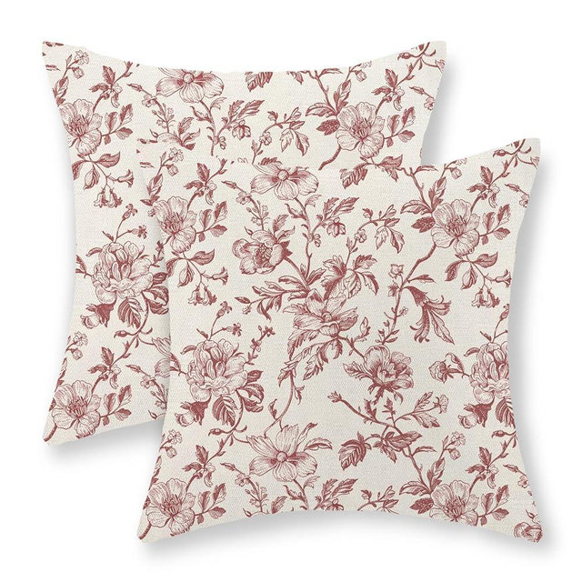 JEFERSO Burgundy Red Floral Pillow Covers 16x16 Set of 2 Chinoiserie Floral Decorative Throw Pillows Vintage Rustic Flower Toile Pillowcase Linen Outdoor Farmhouse Cushion Cover for Couch Sofa Decor