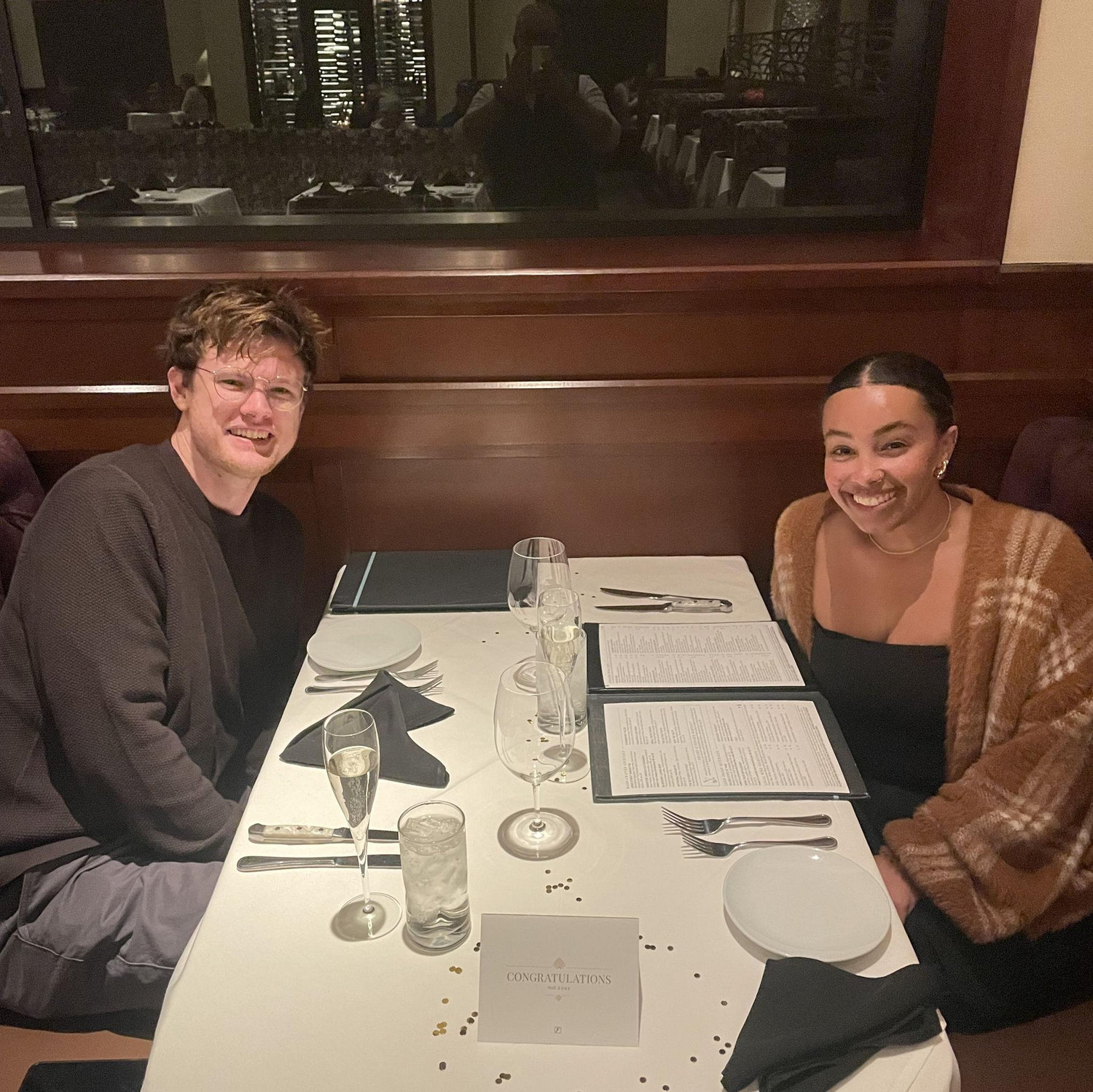 Our first pic as an engaged couple. We went to Flemings to celebrate :)