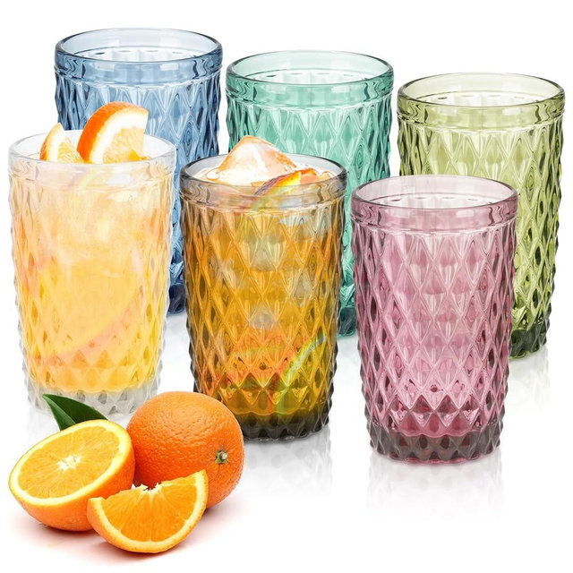 Topsky Highball Drinking Glasses Set of 6,12 oz Colored Glassware with Geometric Diamond Pattern,Embossed Diamond Tumblers,Blue Vintage Glassware Set for Beer,Juice,Cocktail