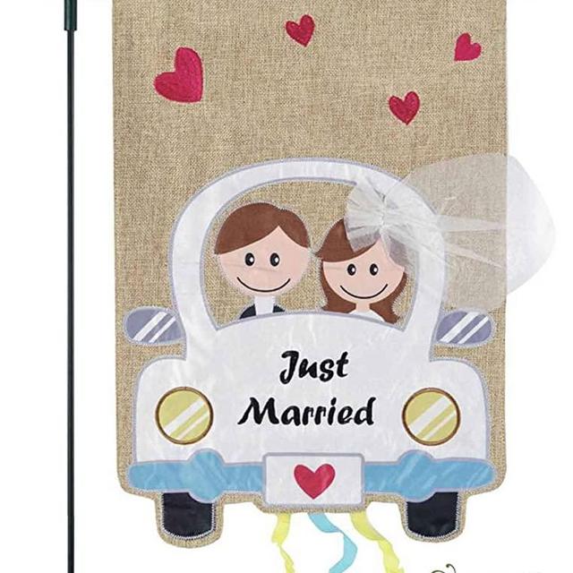 Just Married Banner, Garden Flag or Car Decoration - Bride and Groom in Wedding Car Design On Burlap Banner - 12x18 - Home Garden Flag