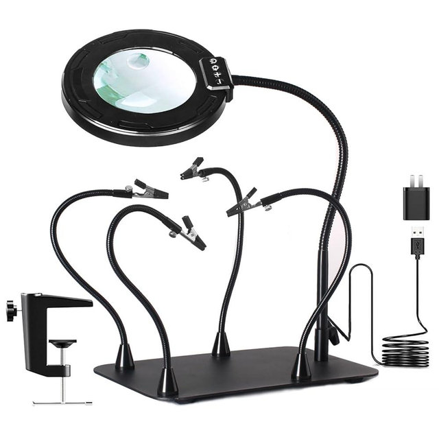 KUVRS 30X/12X Bifocals Helping Hands Soldering Station Magnifying Glass with Light for Electronic Repair Craft Hobby, 14.17 Inch Magnetic PCB Arms, 5 Colors Stepless Dimming LED Mag Lamp with Clamp