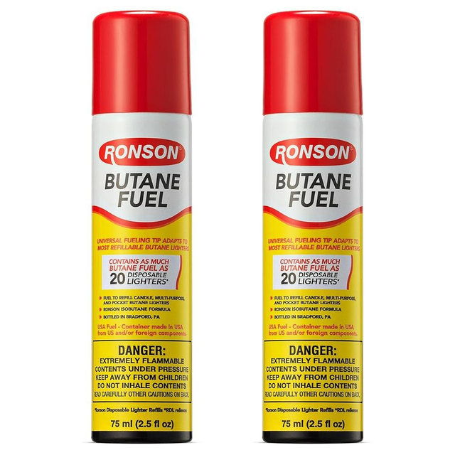 Ronson Butane Fuel Refill 75ml – Pack of 2 – Universal Lighter Fluid Refill for Torch, Kitchen, and Utility Lighters – Clean Burning Butane Gas for Refillable Lighters
