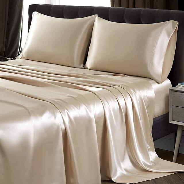 SiinvdaBZX 4Pcs Extra Deep Pocket Satin Sheet Set Queen Size, Ultra Silky Soft Beige Satin Queen Bed Sheets Deep Fitted Sheet Set Fits 18-24 Inch Deep Pocket Mattress