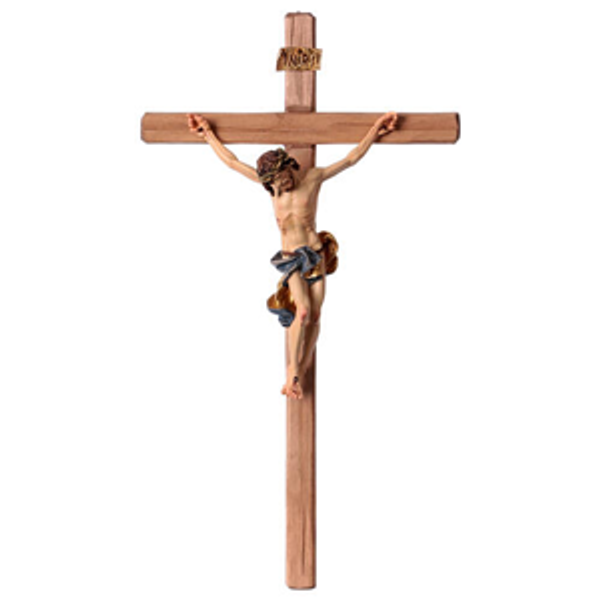 Baroque crucifix cross with blue wrap in Valgardena wood