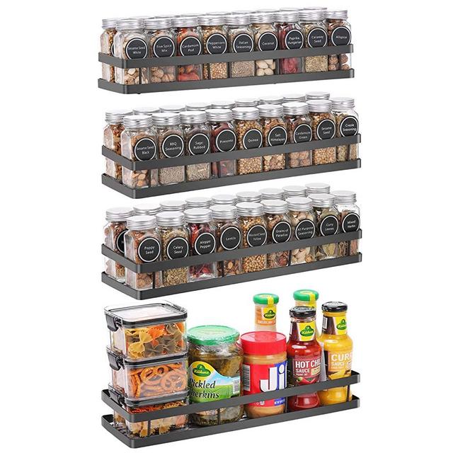 Scnvo Wall Mounted Spice Rack Organizer 4 Pack, Punch-Free Floating Shelves Storage for Pantry Cabinet Door, Sturdy Hanging Seasoning Organizer Jars Storage for Kitchen, Bathroom, Black